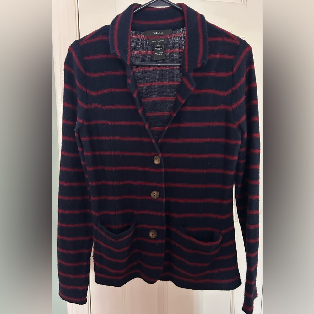 Women’s Medium Tahari Navy and Red Striped Merino Wool Blend Sweater Blazer